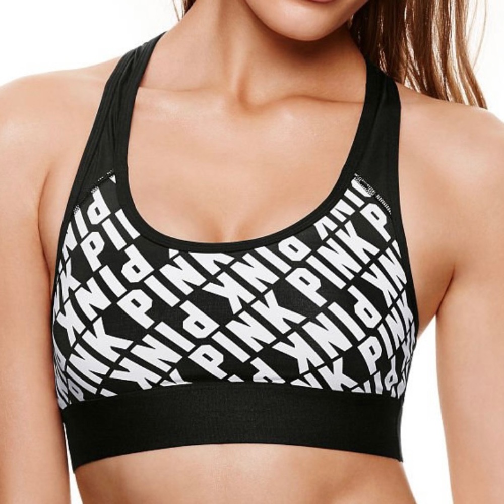PINK Victoria's Secret Ultimate‎ Unlined Logo Black White Sports Bra Women S Y2K